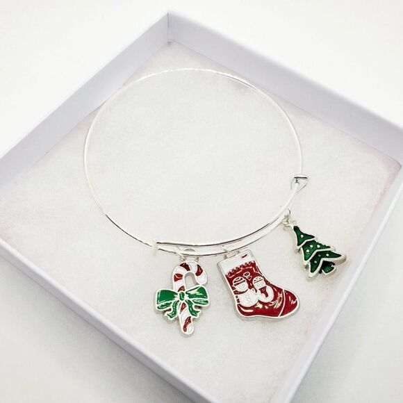 Silver Christmas Charm Bracelet, Candy Cane, Stocking, and Tree Charms - Picture 2 of 11